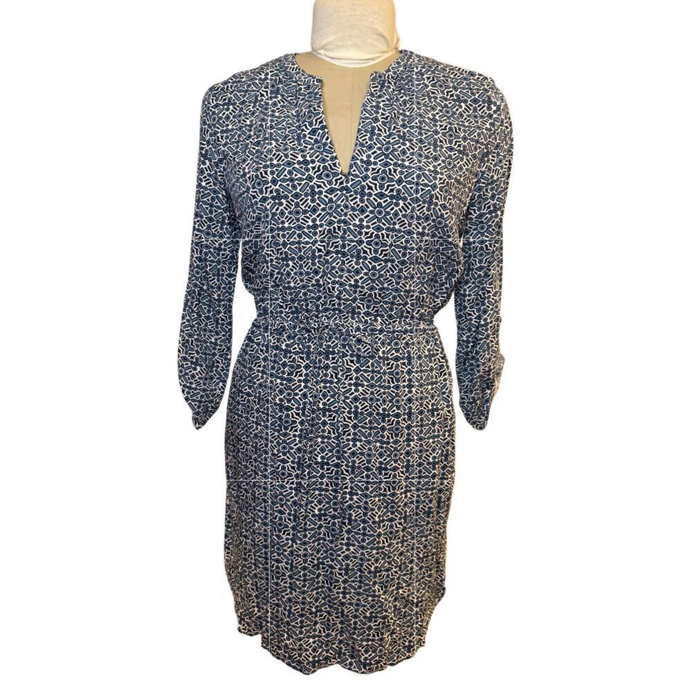 LOFT Geometric Print Dress Roll Tab Slvs Set In Waist Sz. S Cool Breathable Ligh - Picture 8 of 10